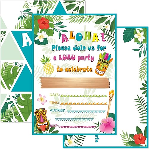 WERNNSAI Hawaiian Aloha Luau - Invitaciones de fiesta con sobres, juego de 20 tarjetas de invitación para piscina de verano, tropical, cumpleaños,