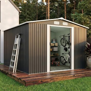 10x8 Metal Storage Shed Outdoor Steel Garden Tool Shed with Sliding Door, Large Utility Shed, Metal Shed for Backyard, Patio, Yard Lawn, Grey
