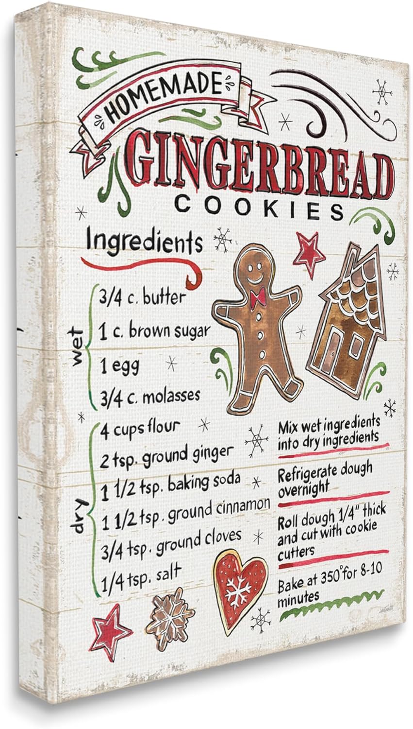 Stupell Industries 'Holiday Gingerbread Cookies Recipe', Canvas Art, 16 x 20 Inches, Easy to Hang and Sturdy, Made in USA, by Anne Tavoletti
