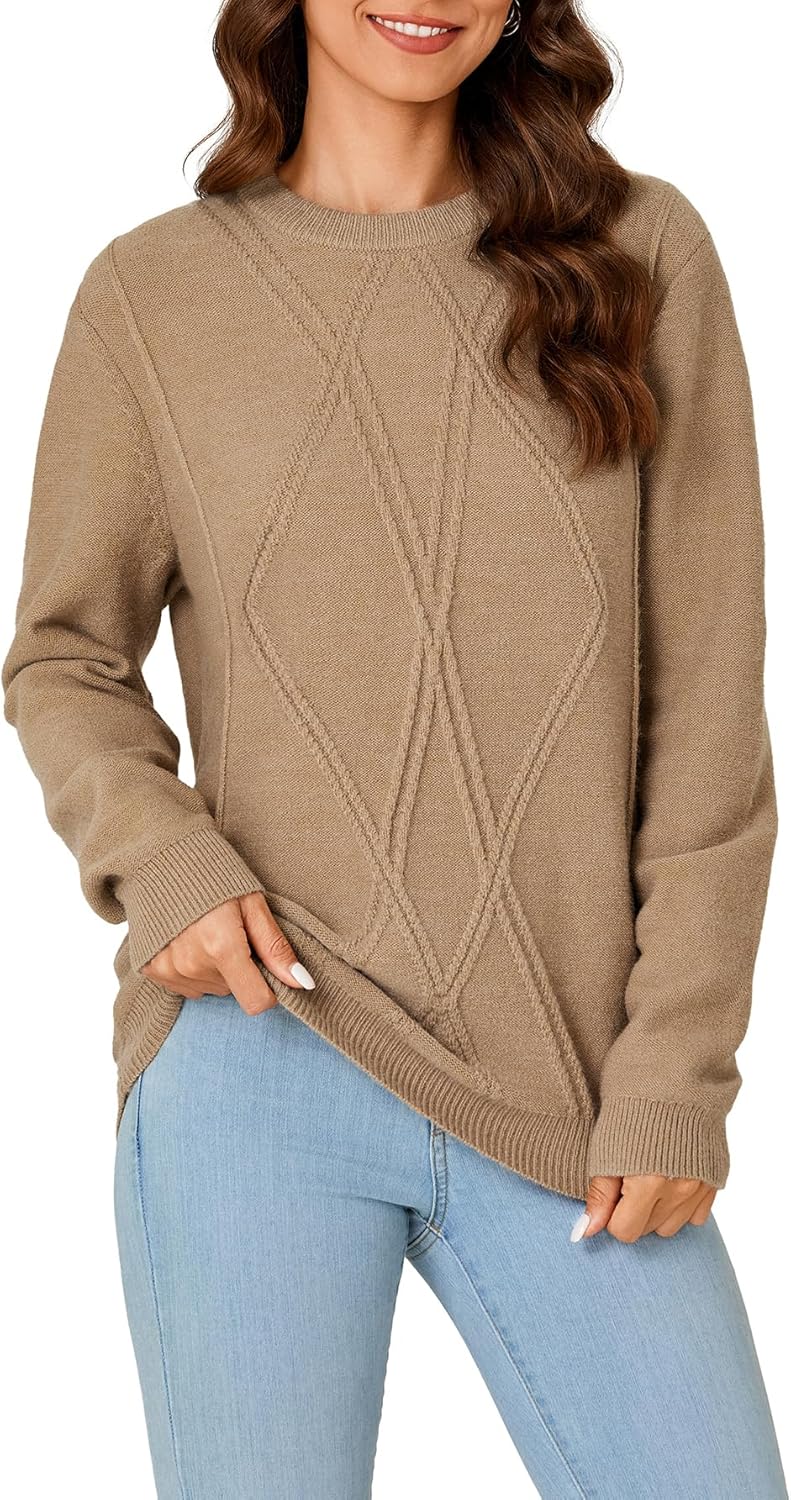 Rooscier Women's Cable Knit Sweater Long Sleeve Crewneck Vintage Pullover Top Fall Clothes - Image 4