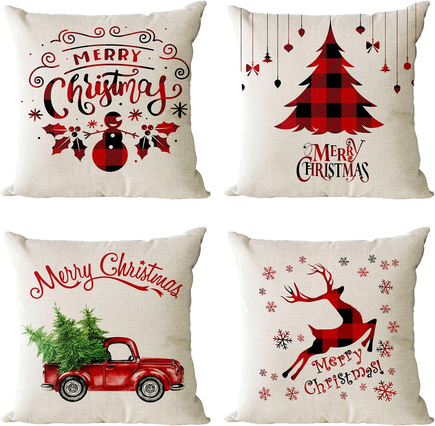 Christmas Decorative Throw Pillow Covers 16x16 Inch Set Of 4 Christmas Holiday Xmas Square Cotton Linen Cushion Covers Christmas Trees Red Truck Snowflakes Deer Outdoor Couch Sofa Home Pillow Cases
