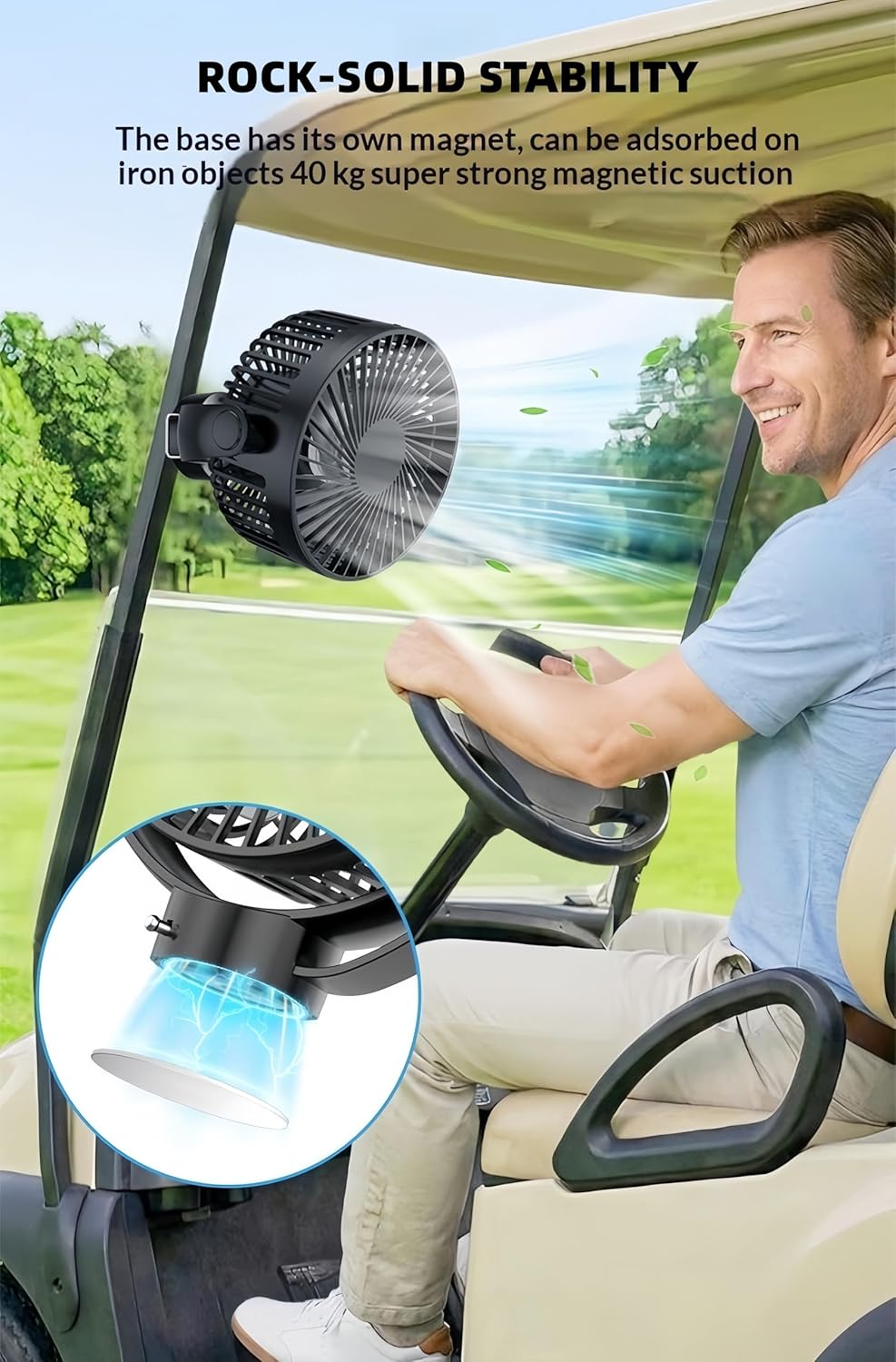 Magnetic Golf Cart Fan with Heavy-Duty Strap, 12000mAH Battery Operated Portable Fan with 3 Speeds, LED, Timer, Magnet, Suitable for EZGO Club Car Yamaha, Golf Cart & Camping Accessories 2026
