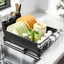 Simple Trending Dish Drying Rack, Space-Saving Large Dish Rack for Kitchen Counter, Anti-Rust Dish Drainer with Cutlery & Cup Holders, Black