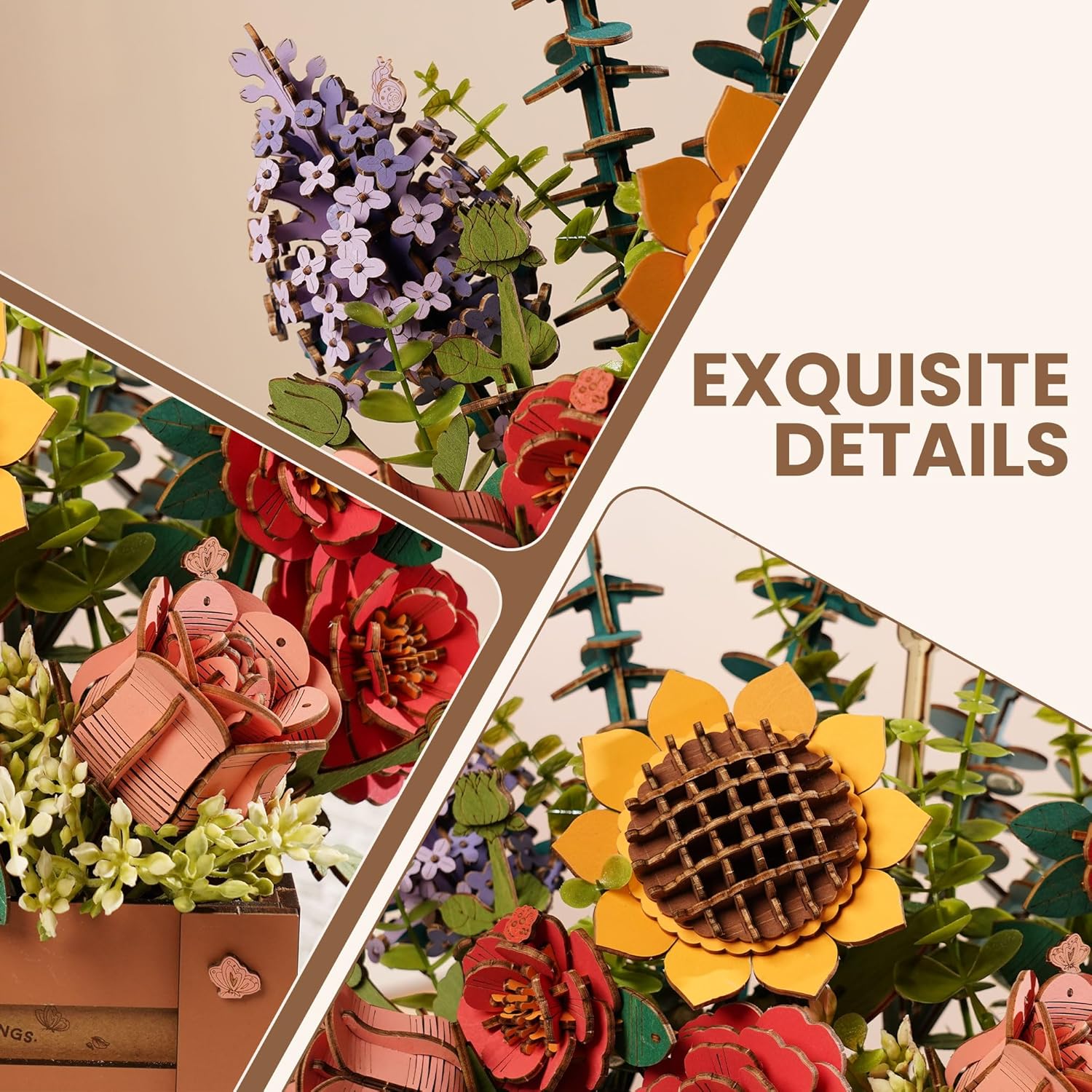 ROBOTIME 3D Wooden Bloom Box Puzzle, Adults' Flower Bouquet Building Set, Artificial Flowers Home Decor, Gift for Wedding/Mother's Day/Birthday, Wood Craft Kit