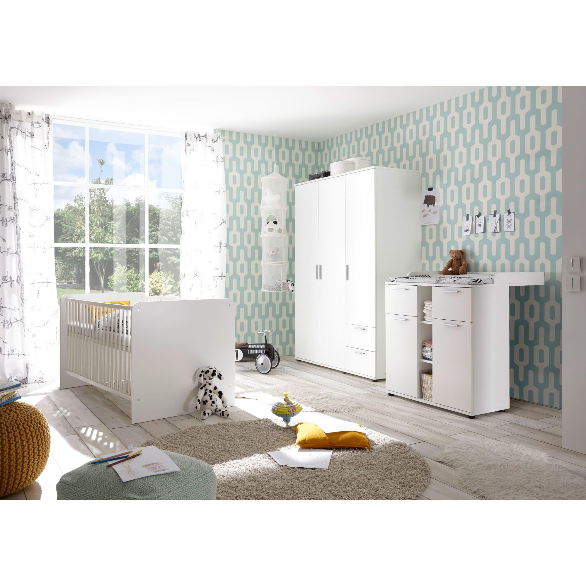 Babyzimmer Bibo Weiß MDF Wickelkommode Kleiderschrank Babybett Kinderzimmer