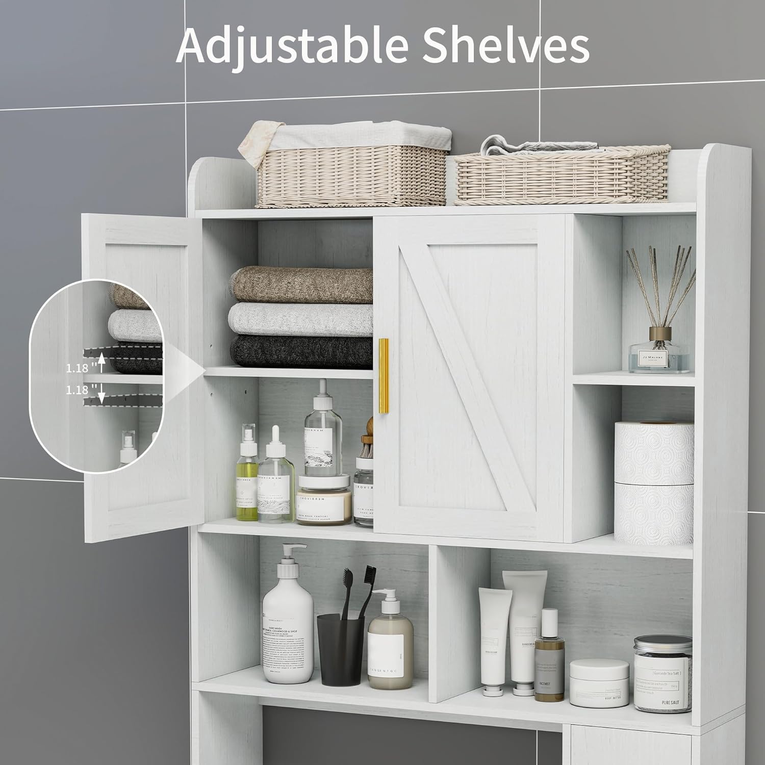 Farmhouse Over the Toilet Storage Cabinet with 2 Doors & 7 Shelves - Rustic Bathroom Cabinet Organizer Storage for Bathroom, Laundry