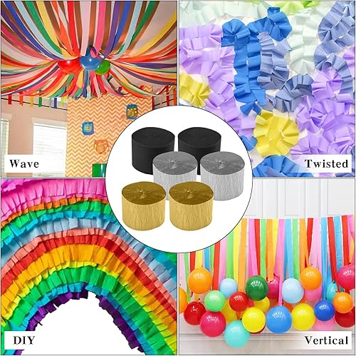 Miniatura 6 de Serpentinas de papel crepé, 6 rollos de serpentinas de fiesta de 492 pies, paquete de 6 papel crepé negro, plateado y dorado para fiesta de