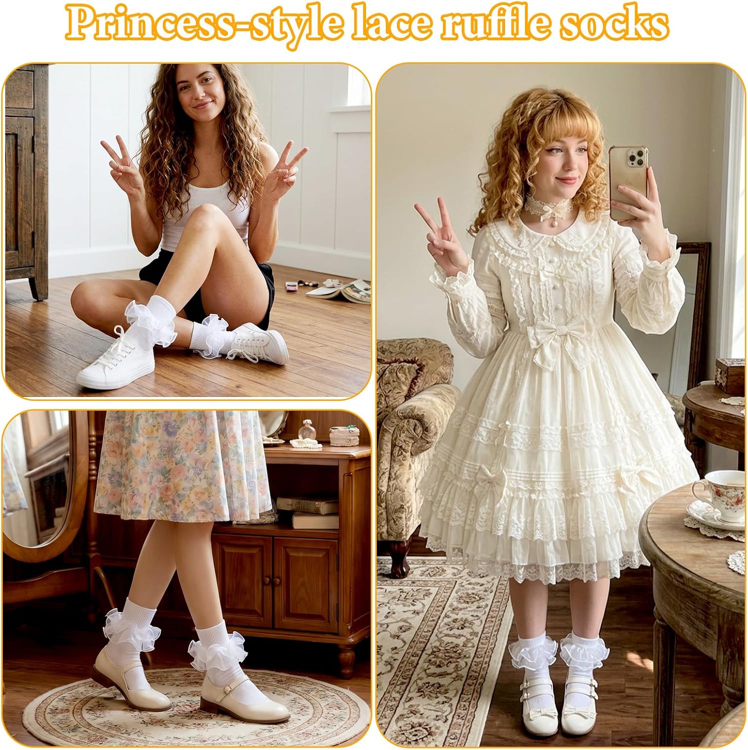 Adult Ruffle Socks for Women Cotton Fluffy Frilly Ruffled Socks With Double Lace Turn White Church Socks for Vintage Cottagecore, Dressy Occasions Weddings, Parties & Casual Outfits