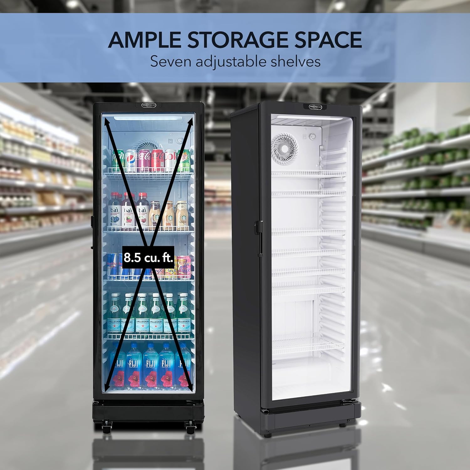 Whynter Commercial Merchandiser Refrigerator 8.5 Cu.Ft Upright Beverage Cooler with Self-Closing Door, 245-Can Display Fridge with Mobility Wheels, CDM-850BW, PROTECH