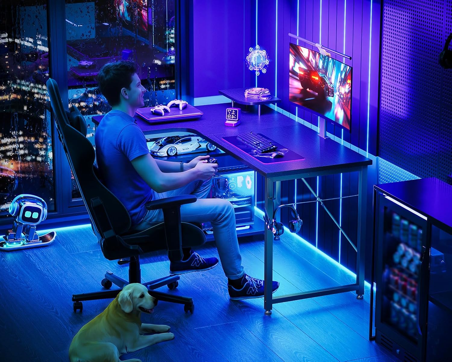 L-shaped desk in a gaming setup