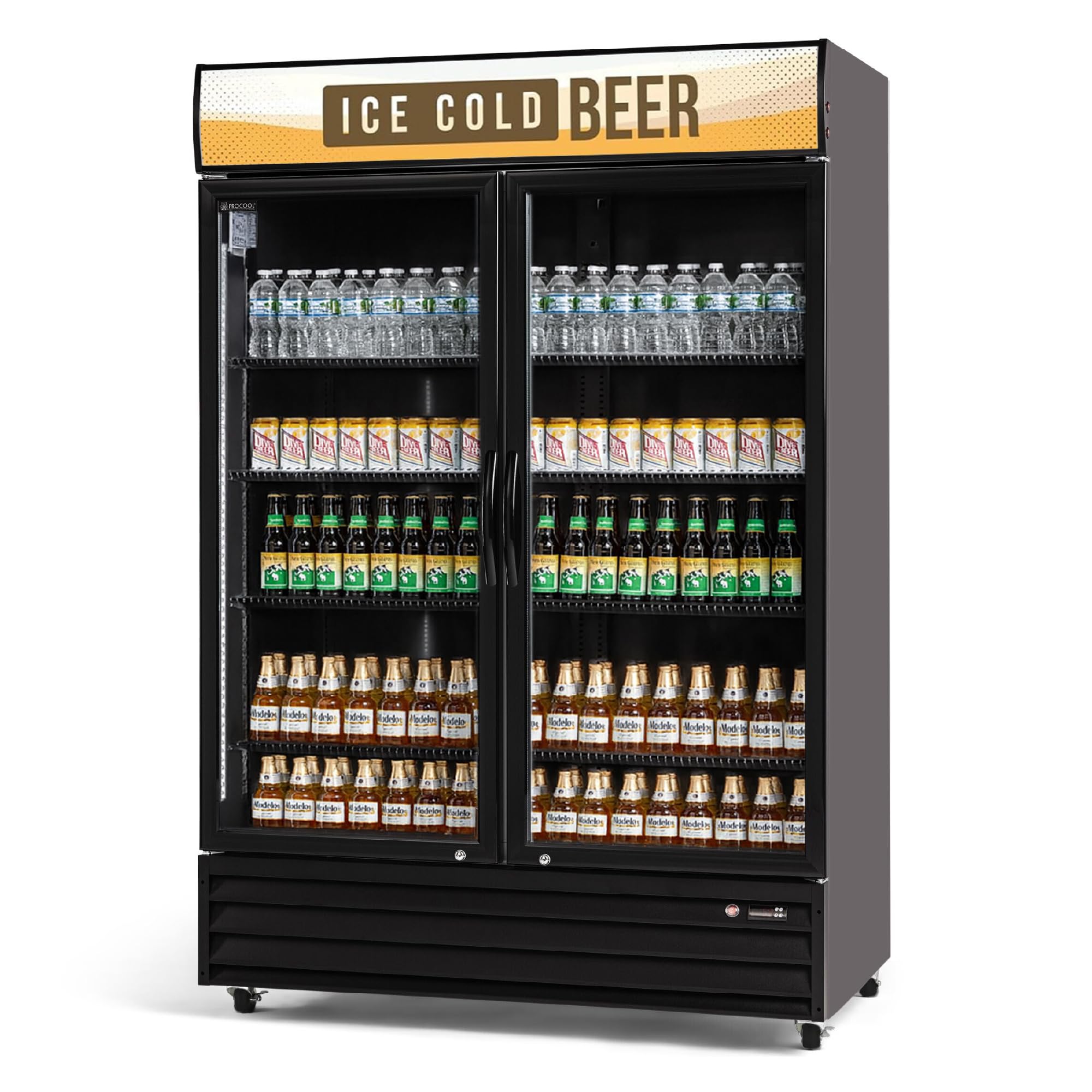 Procool Black Display Refrigerator, 43 CuFt, 2 Door, Ice Cold Beer Sign