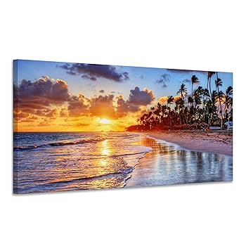 Amazon.co.jp: 海の絵 アートパネル ヤシ 絵画 海 日没 風景画