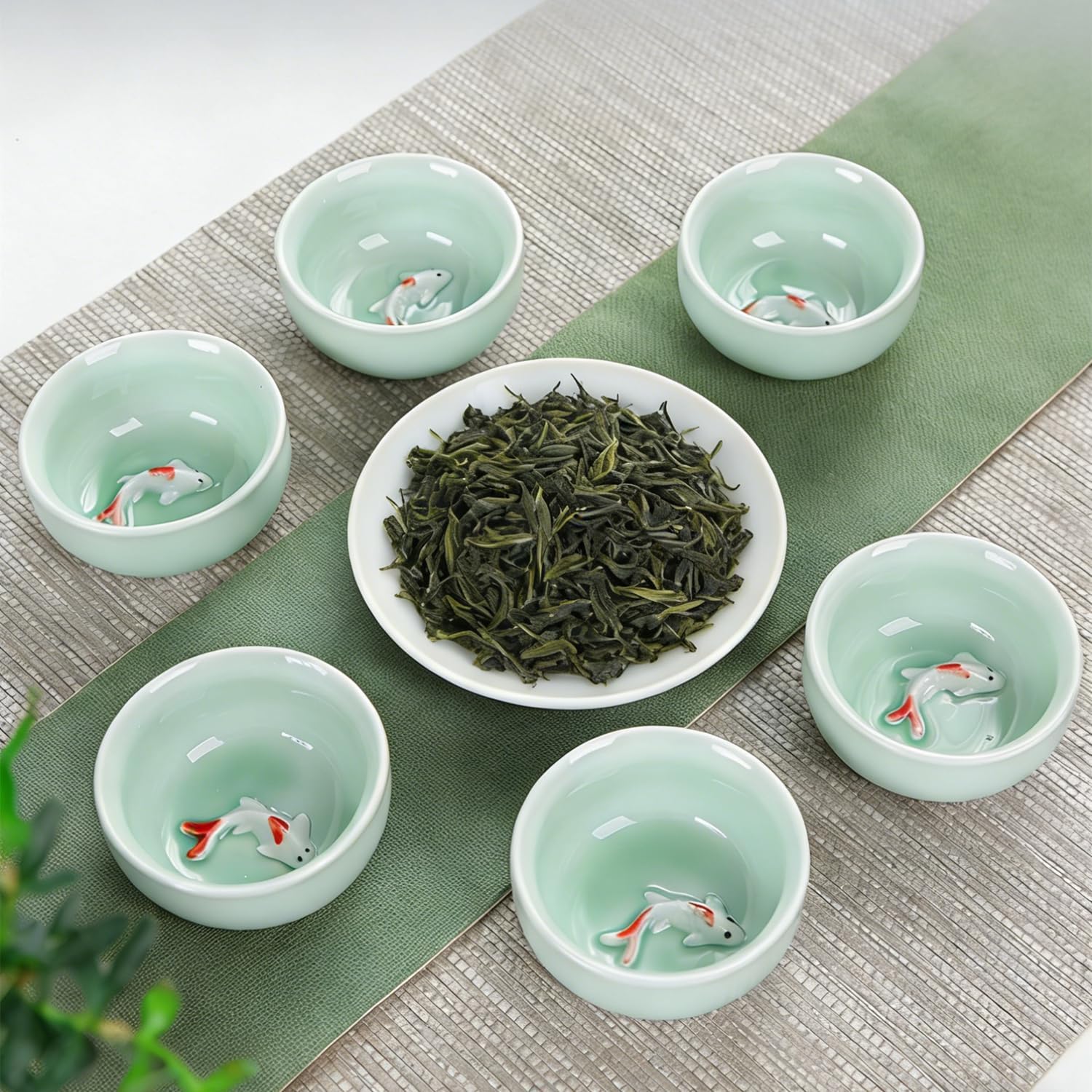 Set of 6 Chinese Handmade Ceramic Kung Fu Tea Cup Japanese Teacup, Korean Soju Shot Glasses Set (Koi Cups)