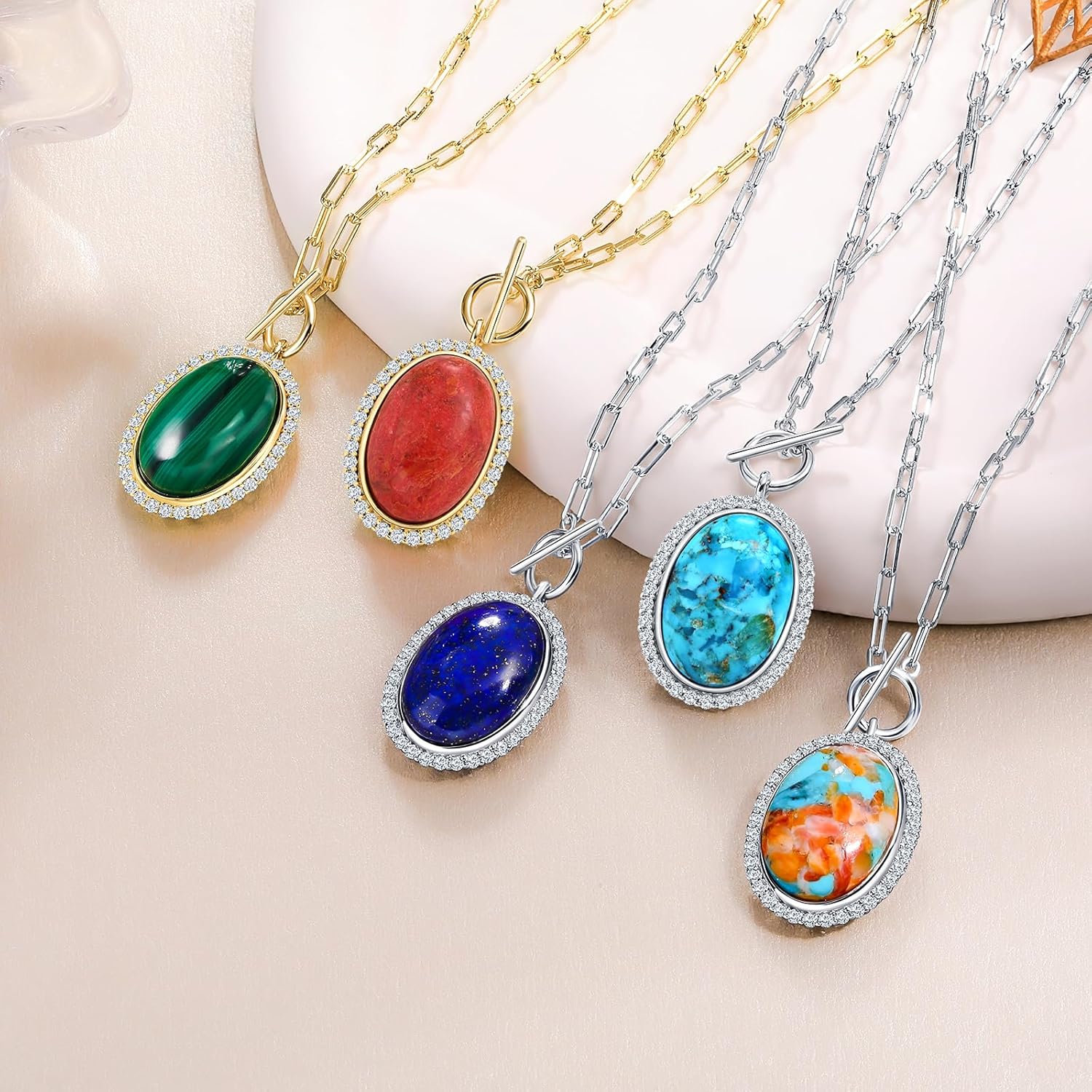 AIBAO Large Oval Turquoise/Coral/Malachite Halo Necklaces for Women 10-12 Carat Natural Gemstone Necklace Rhodium Plated Sterling Silver Statement Necklace with Toggle Clasp - Image 4