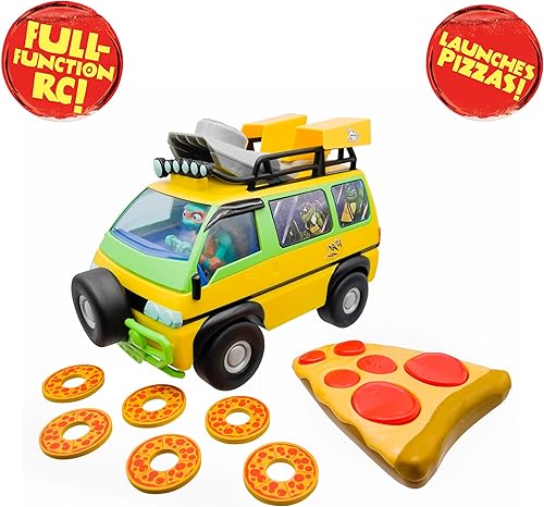 Miniatura 5 de Teenage Mutant Ninja Turtles Juguete de Pizza Blaster RC Vehículo con 6 lanzadores de pizza de espuma, juguete de control remoto TMNT para niños,