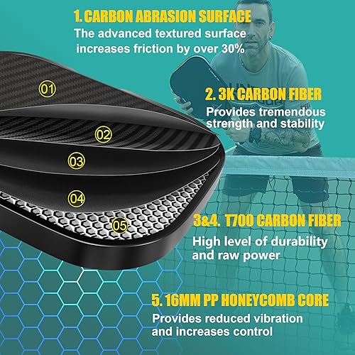 Miniatura 6 de Pickleball Paddle,Pickleball Paddles-3K Raw Carbon Fiber Pickle Ball Paddle Surface with Great Grit & Spin,T700 Pickleball Racket with Excellent
