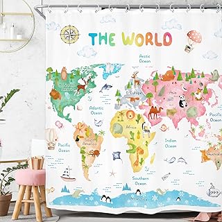 Kids World Map Shower Curtain for Bathroom Decor 72Wx84H Extra Long Funny Educational Cartoon Animal Geography Continents Ocean Art Printed Fabric Polyester Waterproof 12 Pack Plastic Hooks - Buy now