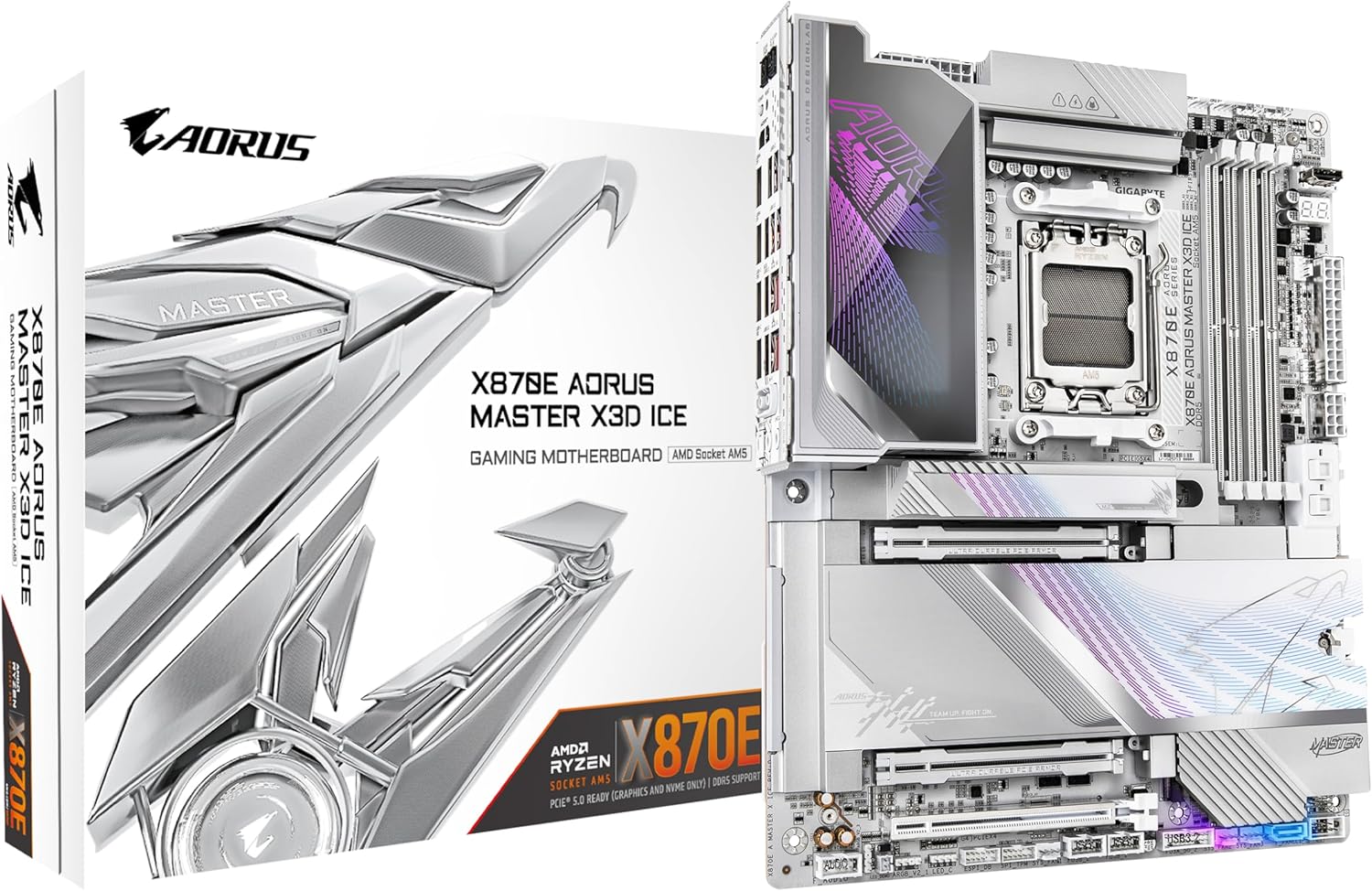 GIGABYTE X870E AORUS MASTER X3D ICE Motherboard - Supports AMD Ryzen 9000 CPUs, 18+2+2 Phases Digital VRM, up to 9000Hz DDR5 (OC), 2xPCIe 5.0 + 3xPCIe 4.0, Wi-Fi 7, 10GbE LAN, USB 4