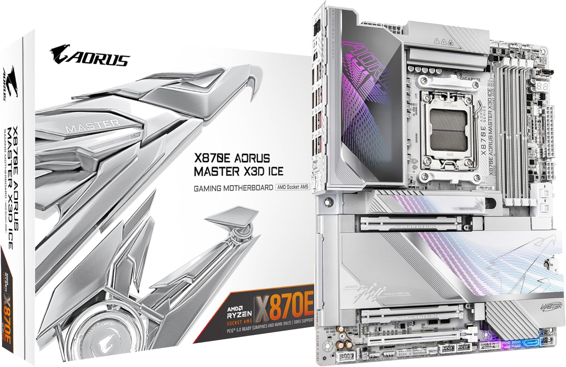 GIGABYTE X870E AORUS MASTER X3D ICE Motherboard - Supports AMD Ryzen 9000 CPUs, 18+2+2 Phases Digital VRM, up to 9000Hz DDR5 (OC), 2xPCIe 5.0 + 3xPCIe 4.0, Wi-Fi 7, 10GbE LAN, USB 4