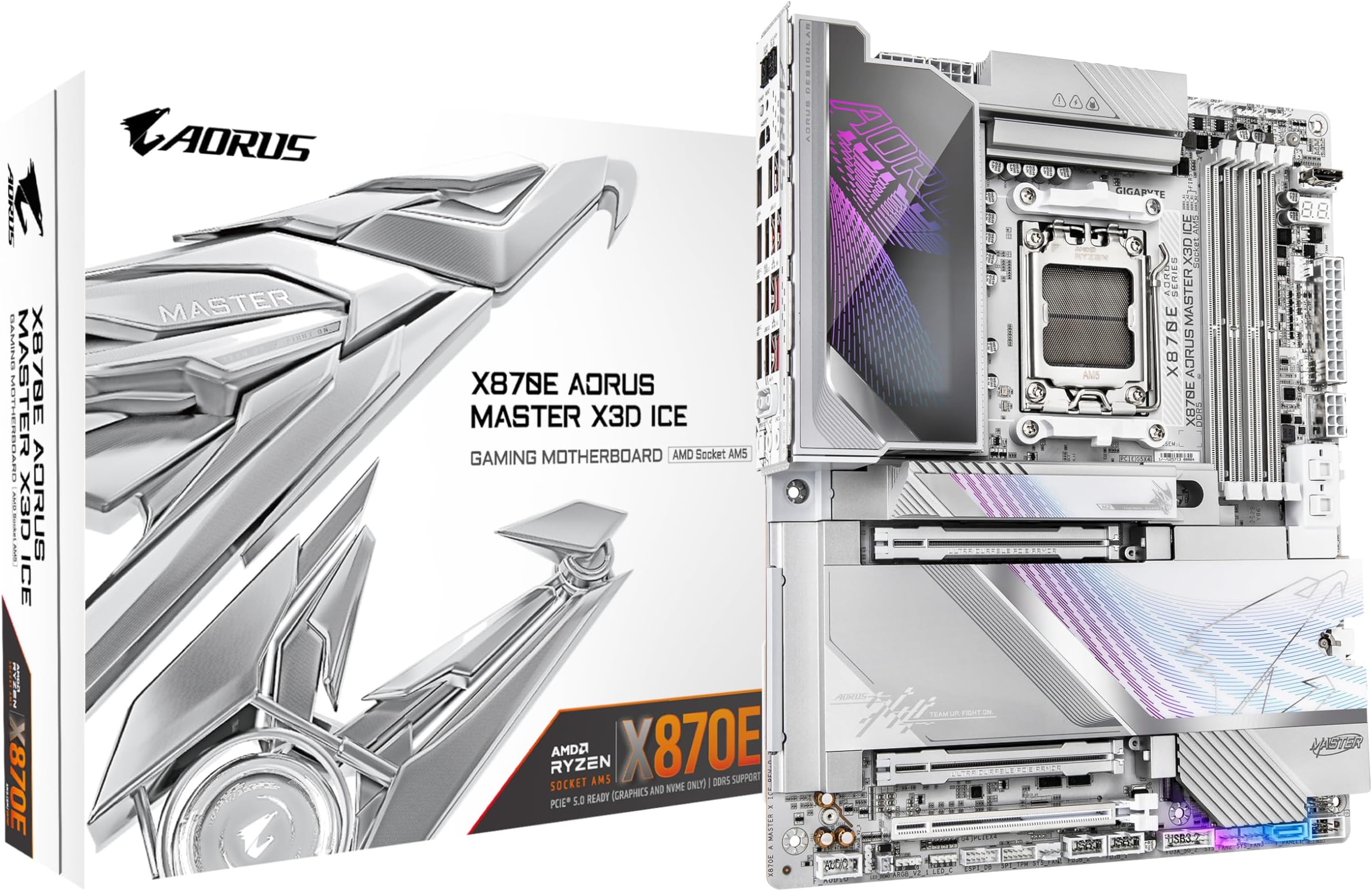 GIGABYTE X870E AORUS MASTER X3D ICE Motherboard - Supports AMD Ryzen 9000 CPUs, 18+2+2 Phases Digital VRM, up to 9000Hz DDR5 (OC), 2xPCIe 5.0 + 3xPCIe 4.0, Wi-Fi 7, 10GbE LAN, USB 4