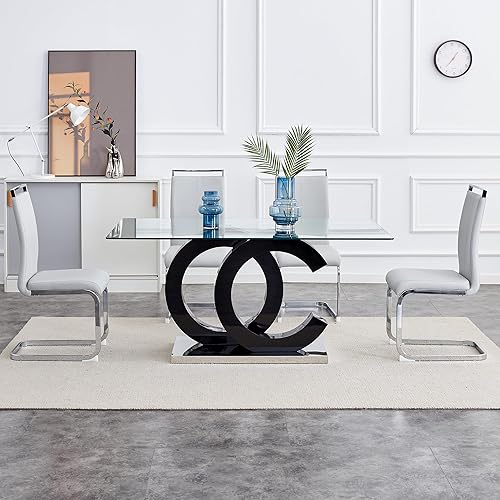 Miniatura 9 de Juego de mesa de comedor Ebullient para 6, juego de mesa de comedor de 7 piezas, tapa de mesa de cristal templado, mesa moderna de comedor con 6