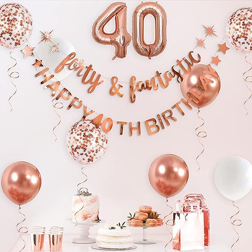 Miniatura 3 de Decoraciones de Cumpleaños 40 en Oro Rosa para Mujeres Cuarenta y Fantástica Pancarta de Feliz Cumpleaños 40 Guirnalda Globo de Papel Aluminio 40