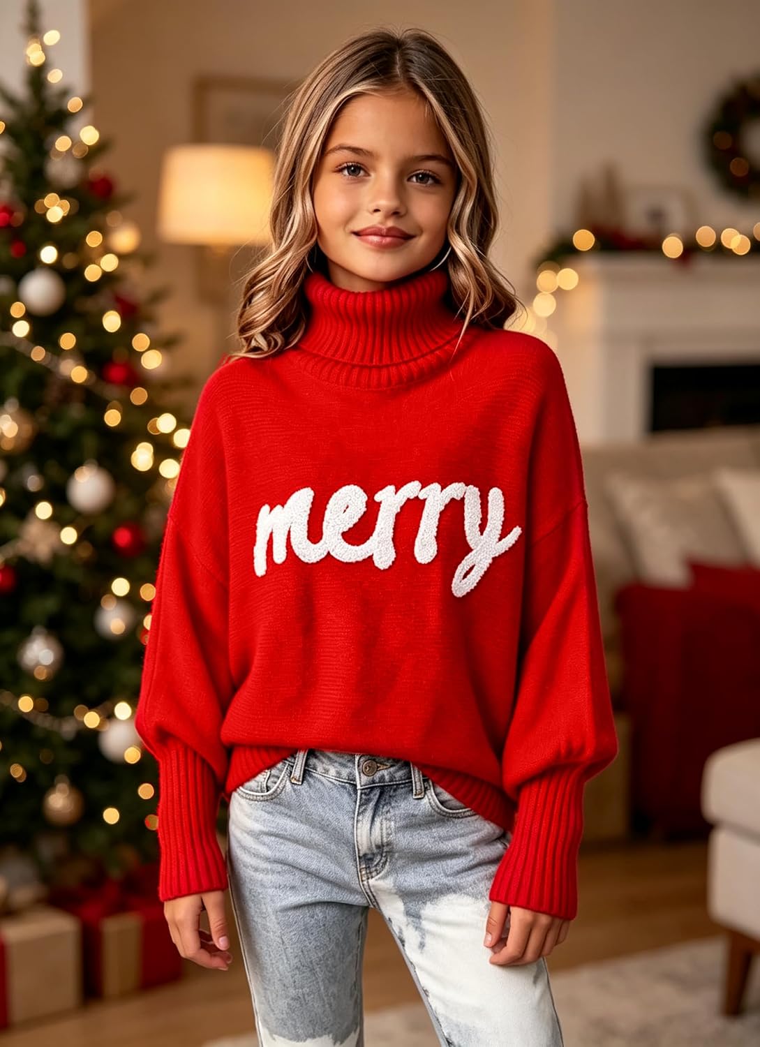 Girls Christmas Sweater Turtleneck Long Sleeve Merry Jolly Knit Pullover