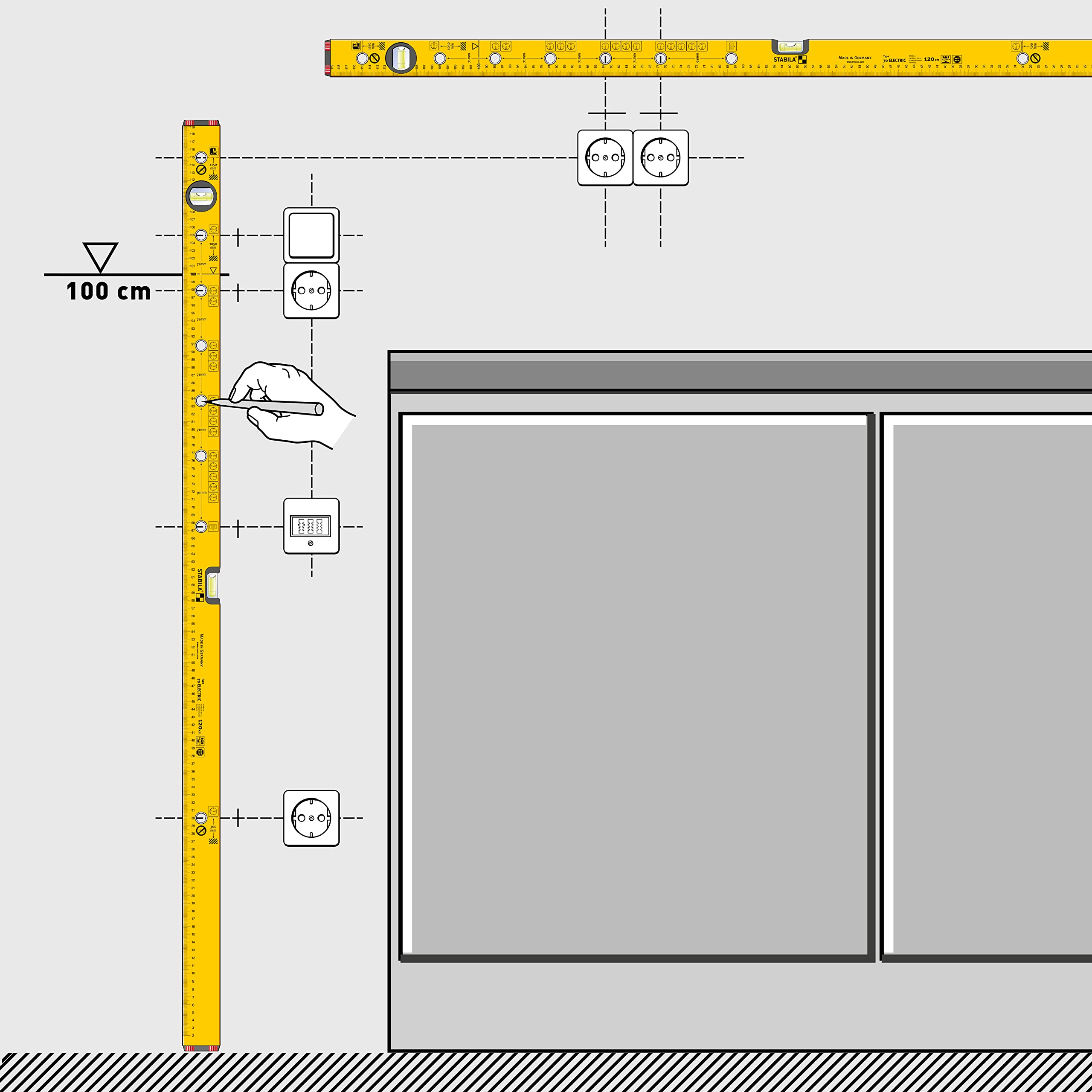 STABILA Niveau électrique Type 70 Electric, 120 cm, profilé léger en aluminium, 1 fiole horizontale, 1 fiole verticale, trous de marquage, aides au marquage, échelle métrique, Made in Germany