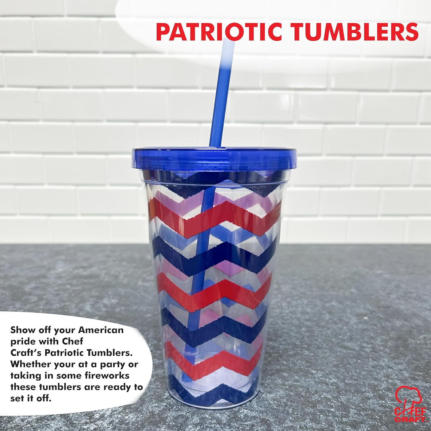Chef Craft 17.5 oz. Patriotic Tumbler w/Straw PDQ