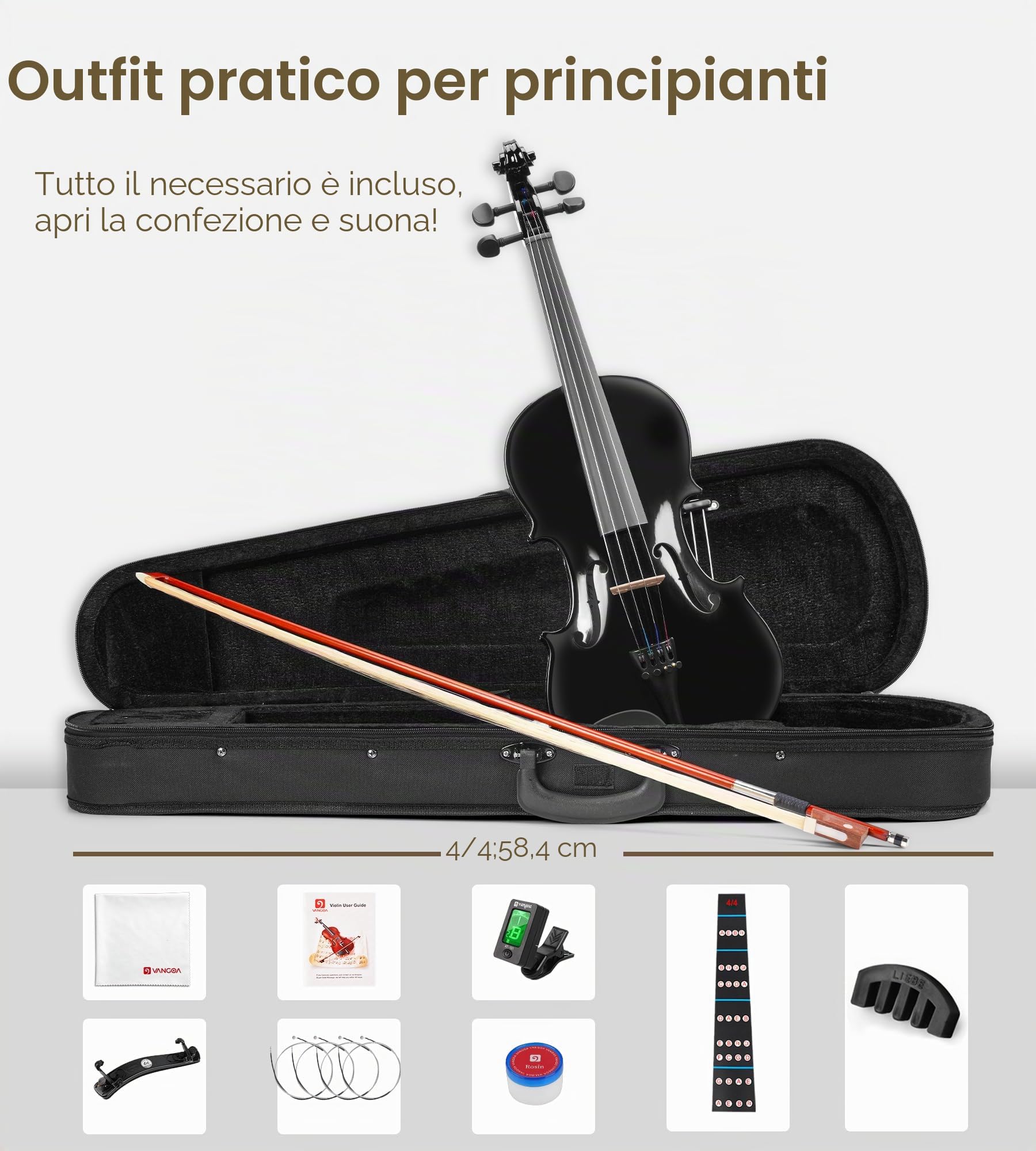 Vangoa 4/4 Violino Acustico Concerto Violin Set con Custodia, Colofonia, Arco, Corde per Violino per Principianti Adulti Studenti, Nero