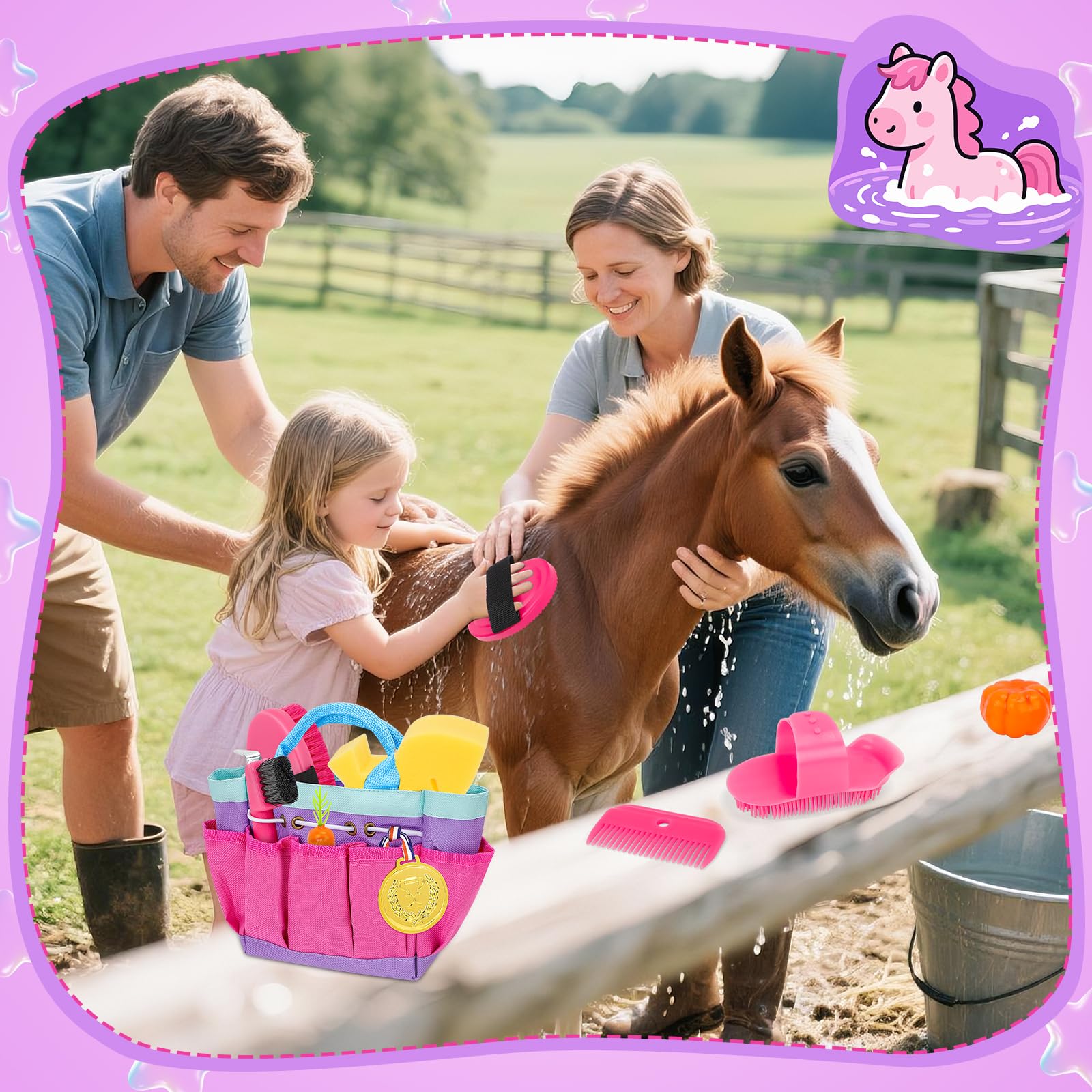 deAO Set de Cuidado de Caballos con Bolsa, Utensilios de Limpieza para Caballos para Niños con Cepillo, Guantes, Cepillo de Masaje, Peine para Crines, Rascador de Cascos, Esponja para Caballos (Rosa)