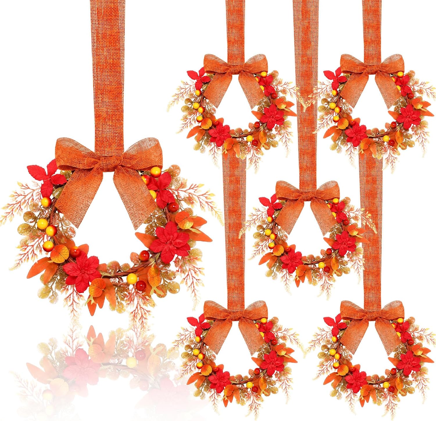 Dingion 6 Pcs 6" Fall Mini Cabinet Wreaths for Kitchen with Burlap Ribbon | Small Fall Wreaths with Orange Ribbon Bows Leaves Berries Flower, Autumn Wreath for Window Thanksgiving Farmhouse Decoration