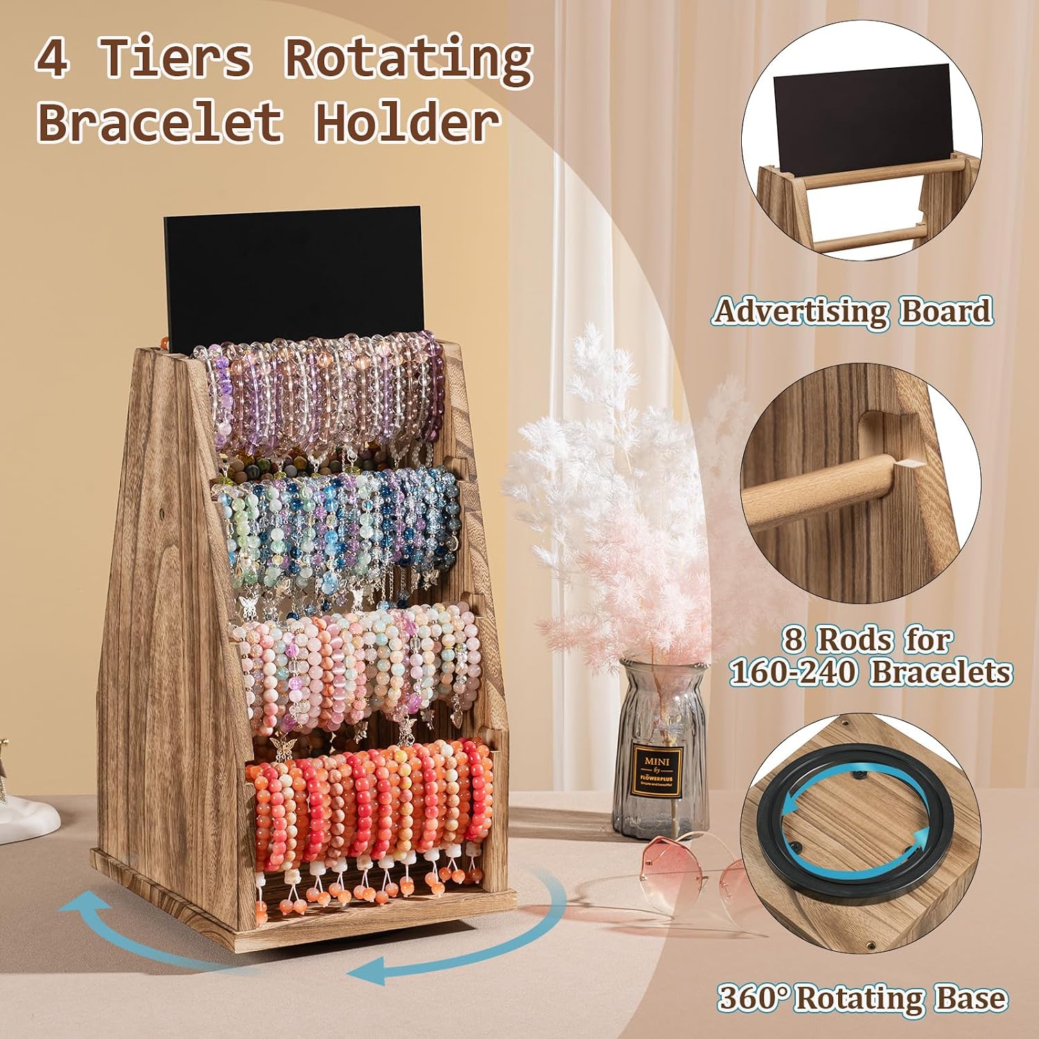 Emfogo Double-Sided Rotating Bracelet Holder, 4 Tiers Wood Bracelet Display Stand with Chalkboard & 8 Rods for Bracelet Bangle Watch Scrunchies, Jewelry Organizer for Home Vendors Craft Shows (Rustic)
