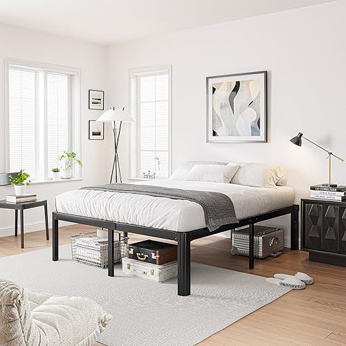 Miniatura 2 de Marco de cama Queen de plataforma de 16 pulgadas de alto, no necesita somier, marco de cama de metal tamaño Queen, sin ruido, fácil montaje,