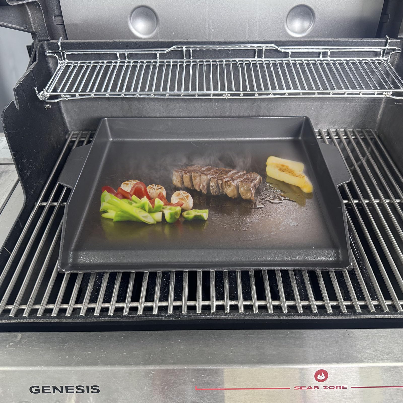 Plancha universal para parrilla de gas con juego de espátula, 18 x 14 pulgadas, antiadherente de hierro fundido para exteriores, placa superior plana grande para barbacoa que se adapta a 5