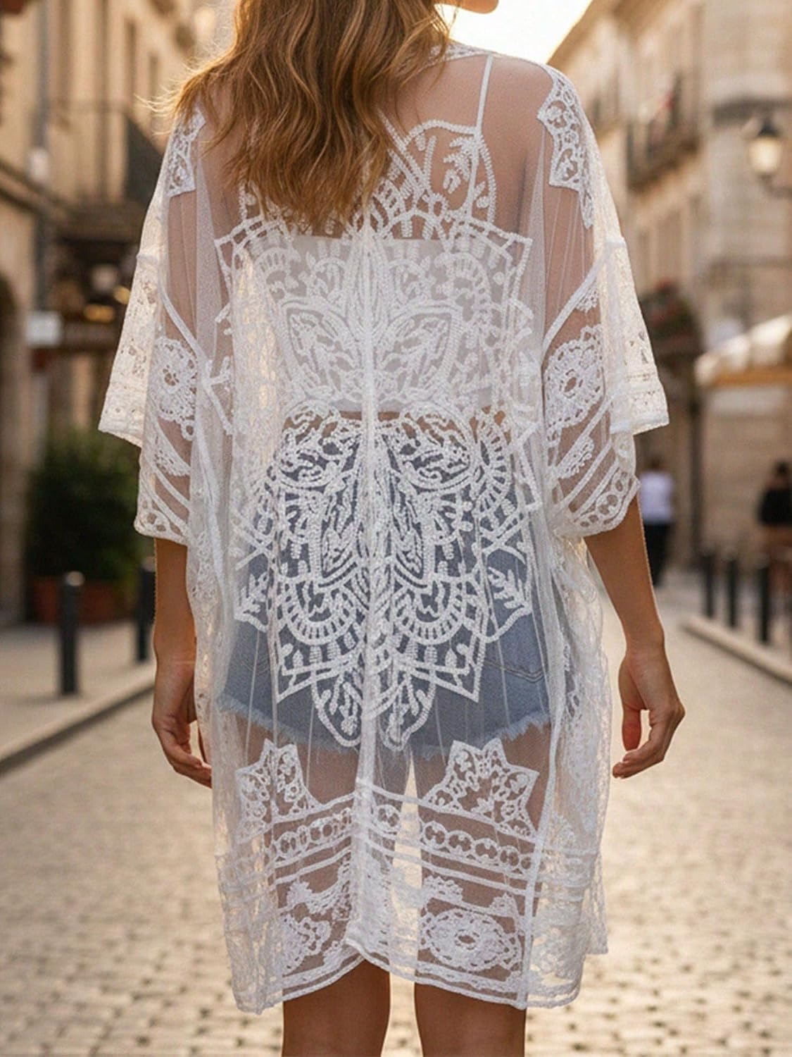 Womens Bathing Suit Cover Up 3/4 Sleeve Mesh Swimsuit Coverup Long Beach Lace Kimono Summer Cardigan cover ups for swimwear