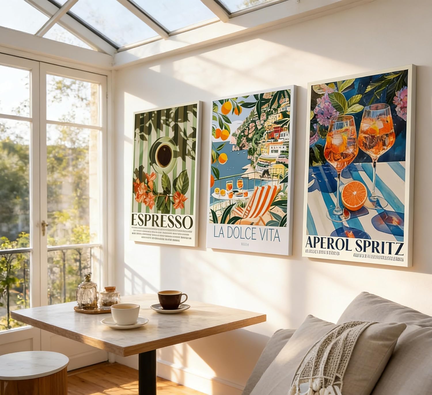 3Pcs Italy Travel Canvas Wall Art Vintage Amalfi Coast Landscape Painting Picture Wall Decor Trendy Italian Food Coffee Sparkling Wine Poster Print Artwork for Kitchen Living Room Home Decoration