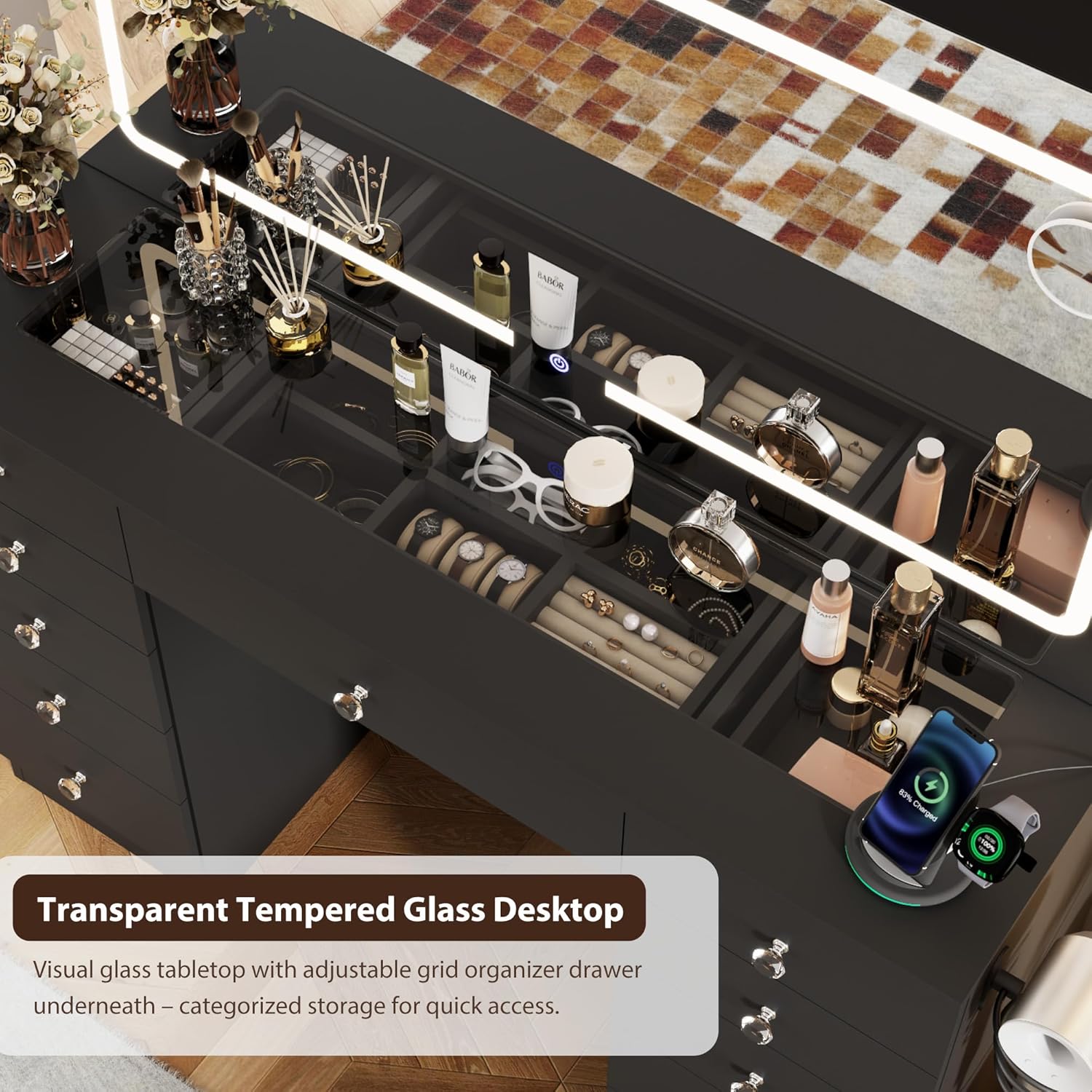 Close-up of the transparent tempered glass desktop revealing organized compartments underneath