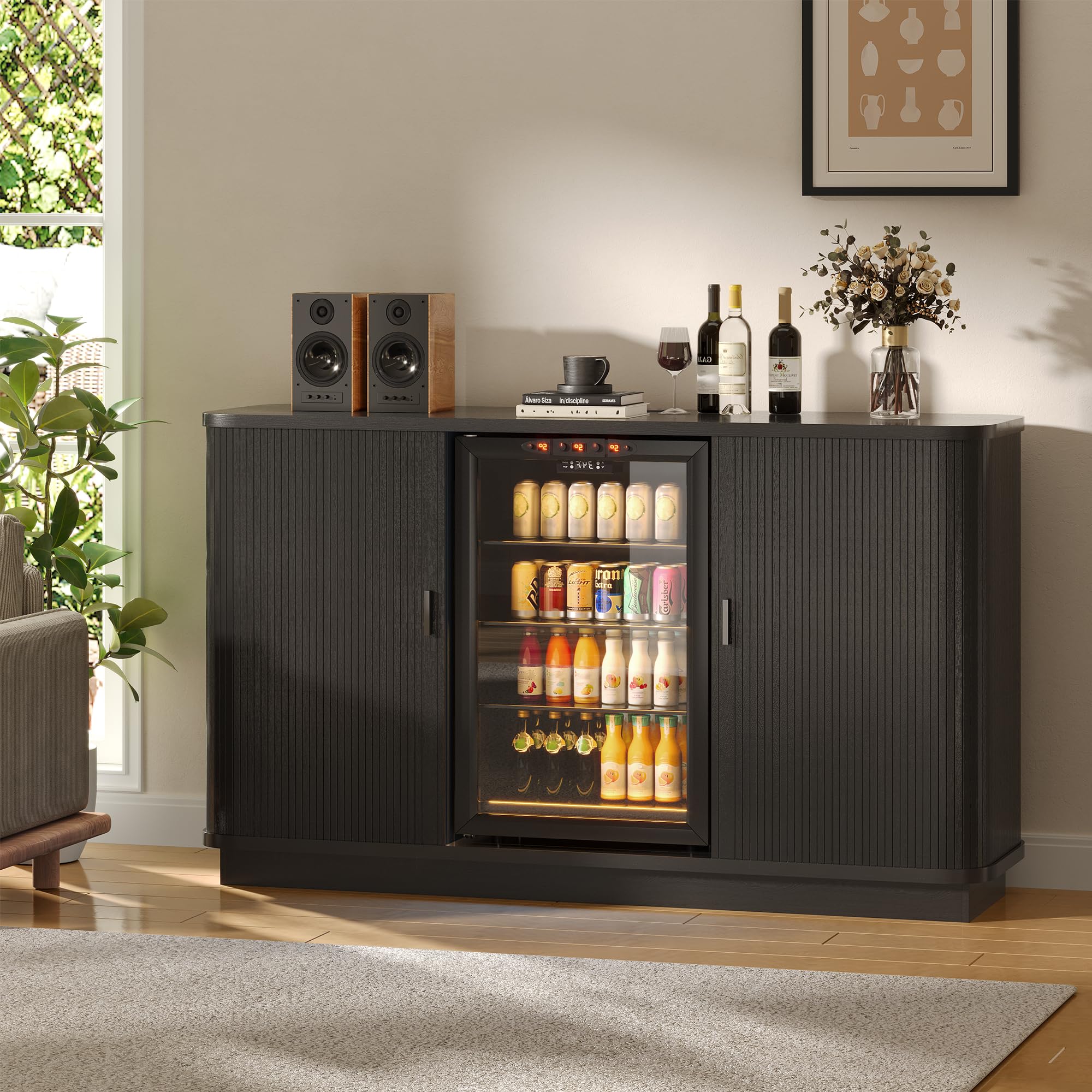 130 cm langes, geriffeltes Buffet-Sideboard mit Kühlschrankfach, Retro-Weinbarschrank mit Rolltüren, verstellbaren Einlegeböden und Weinregal für Küche und Esszimmer