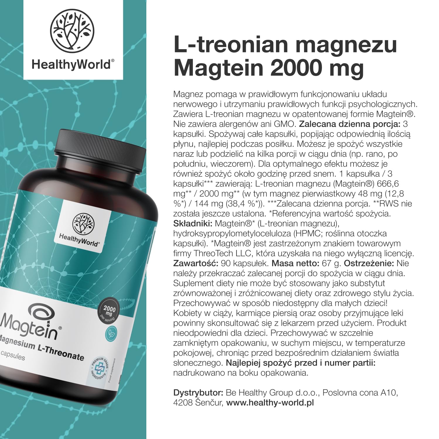 HealthyWorld L-treonian magnezu Magtein 2000 mg – 90 Kapsułek – Opatentowana forma – Wsparcie Układu Nerwowego i Witalności – Wysoka Absorpcja – Bez Alergenów