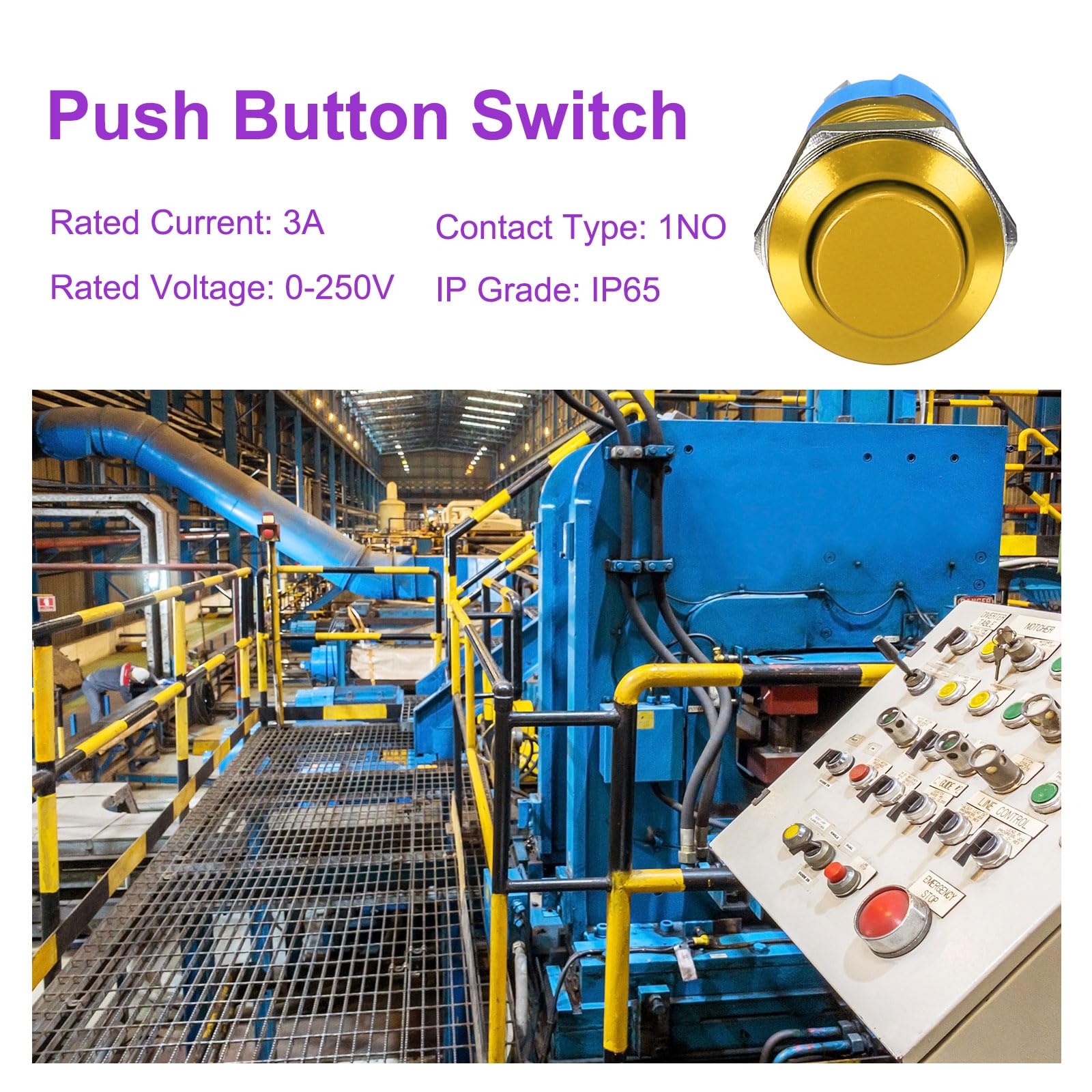 DMiotech 1/2 Inch Stainless Steel Latching Push Button Switch Domed Head 3A 0-250V Gold Shell with Pre-soldered 1NO, 5Pcs - Image 3