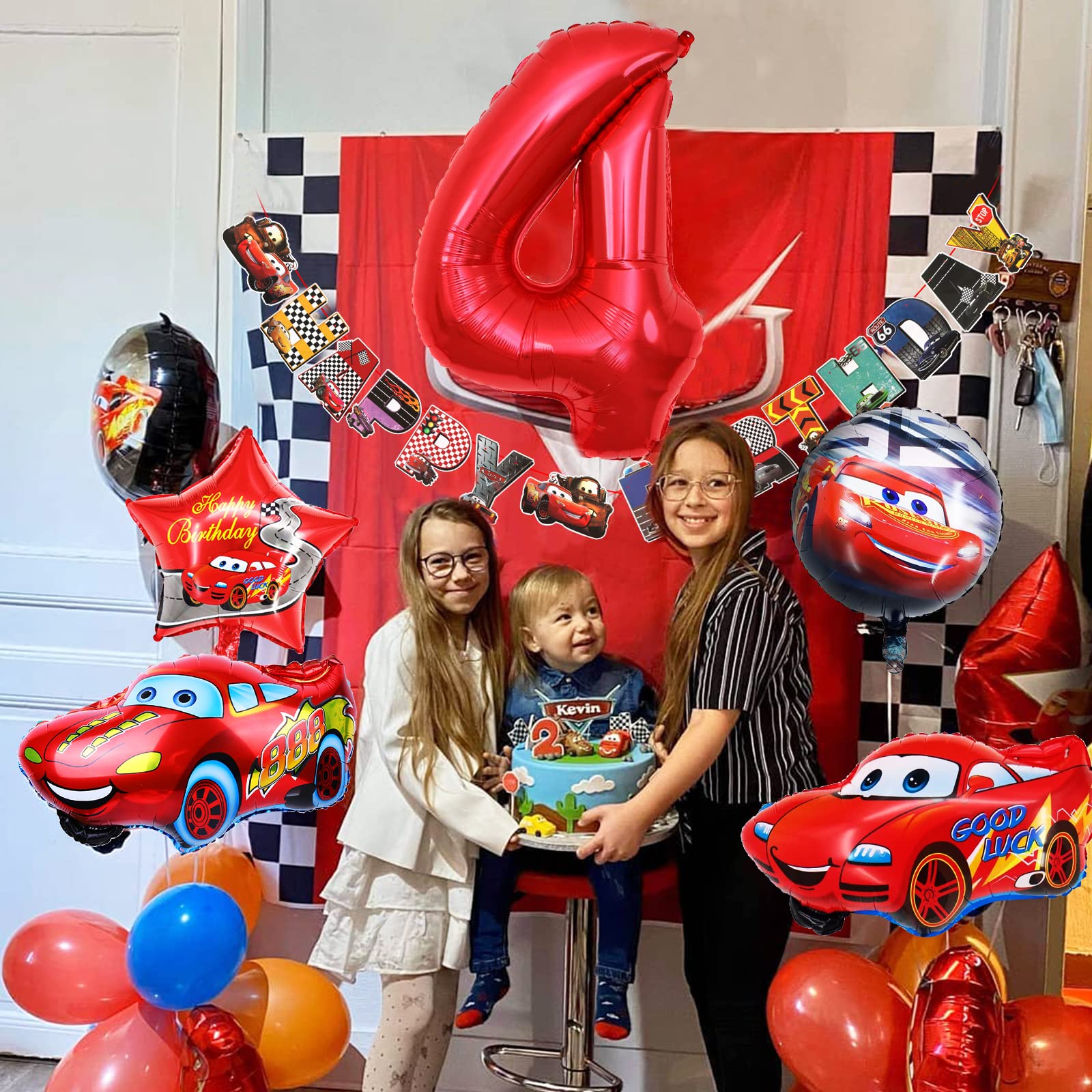 Rennwagen 4. Geburtstag Dekoration – Inkl. Banner, Luftballons, Helm & Flaggen, Für Coole Kinderpartys