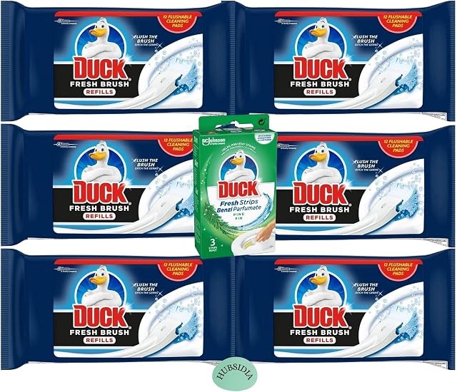Duck Toilet Cleaner Bundle of 6 x Toilet Duck Fresh Brush Refills and 1 x Toilet Duck Fresh Strips Pine - Disposable Toilet Brush