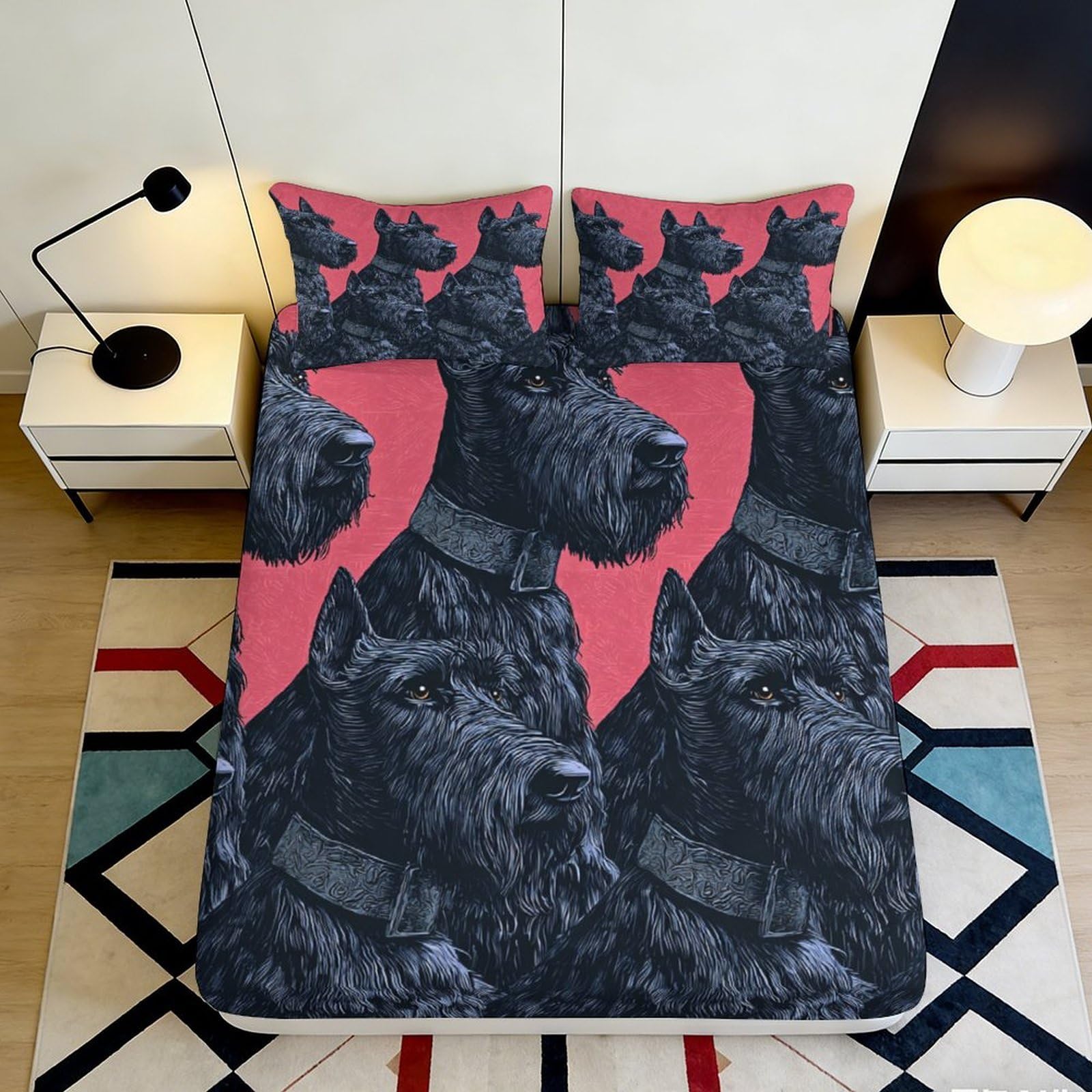 3D Printed Black Scottish Terrier Fitted Sheet Microfiber Red Graphic Dog Mattress Cover for Bedroom Guestroom Decor 90x200x25cm