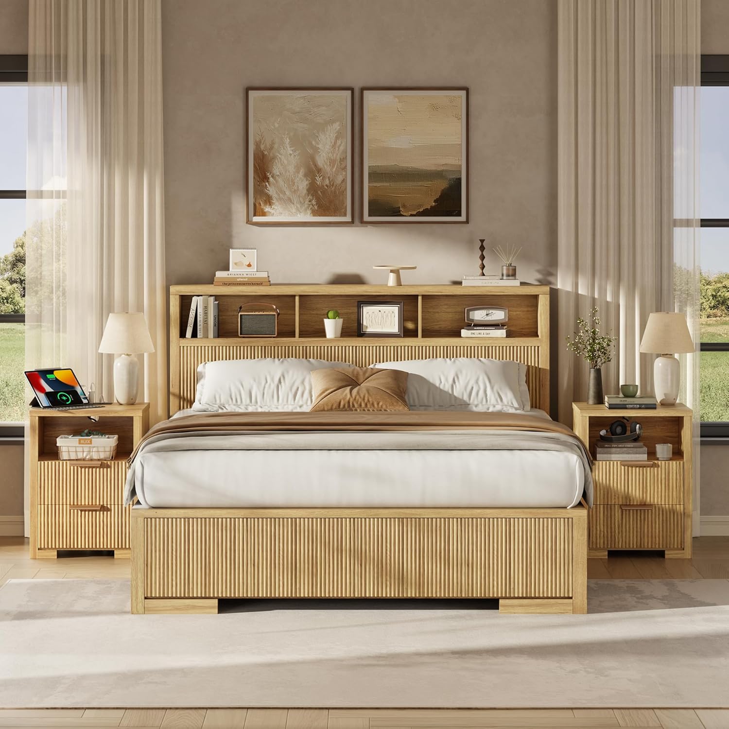 Fluted Nightstand Set of 2 with Charging Station, Night Stand with 2 Drawers, End Table with Storage, Bed Side Table for Bedroom, Modern Nightstand for Living Room, Natural Oak