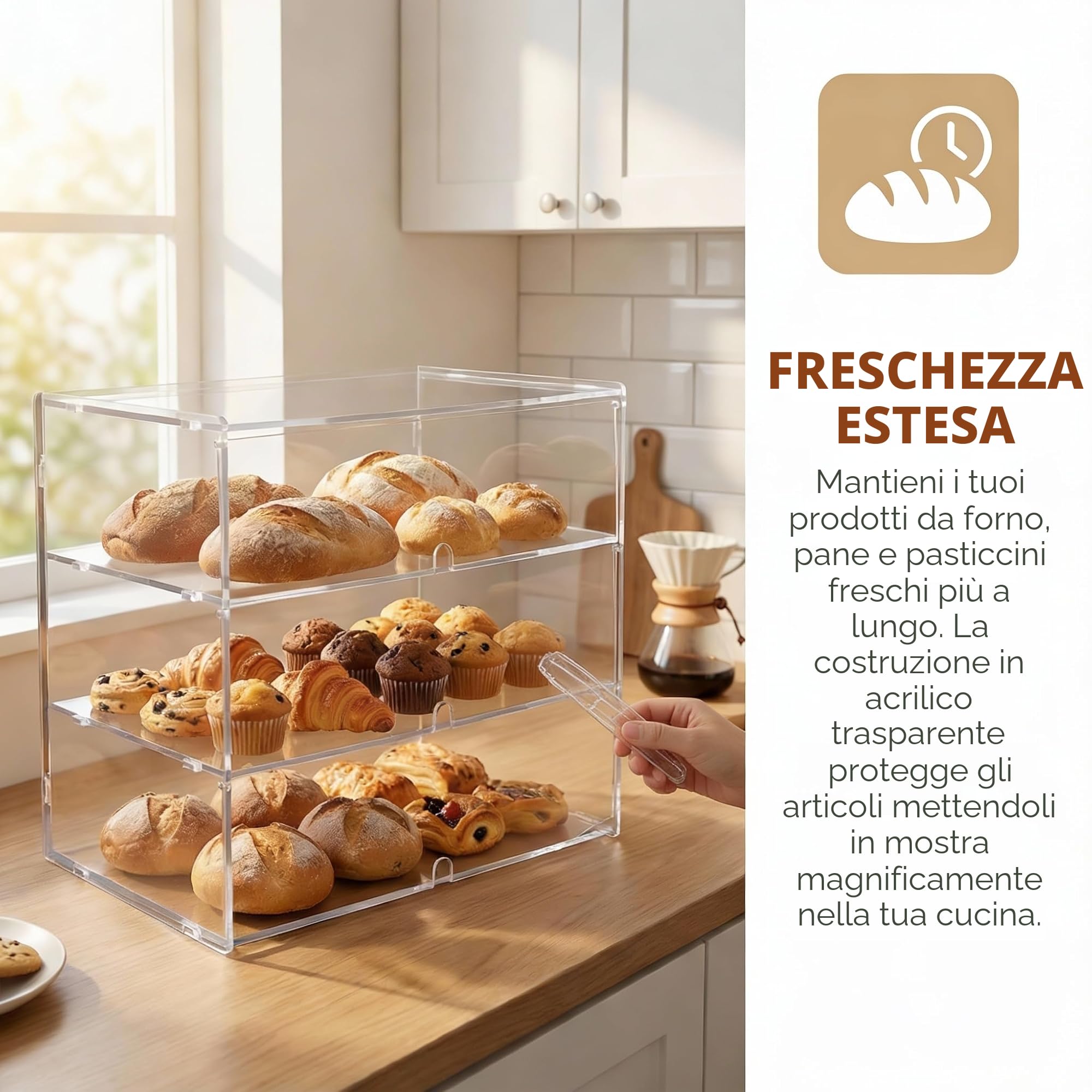 3 ripiani in acrilico trasparente per panetteria, vetrina da 5 mm, pannelli PETG ad alto impatto, 49.5 x 38 x 26 cm, porte anteriori con fori per le dita