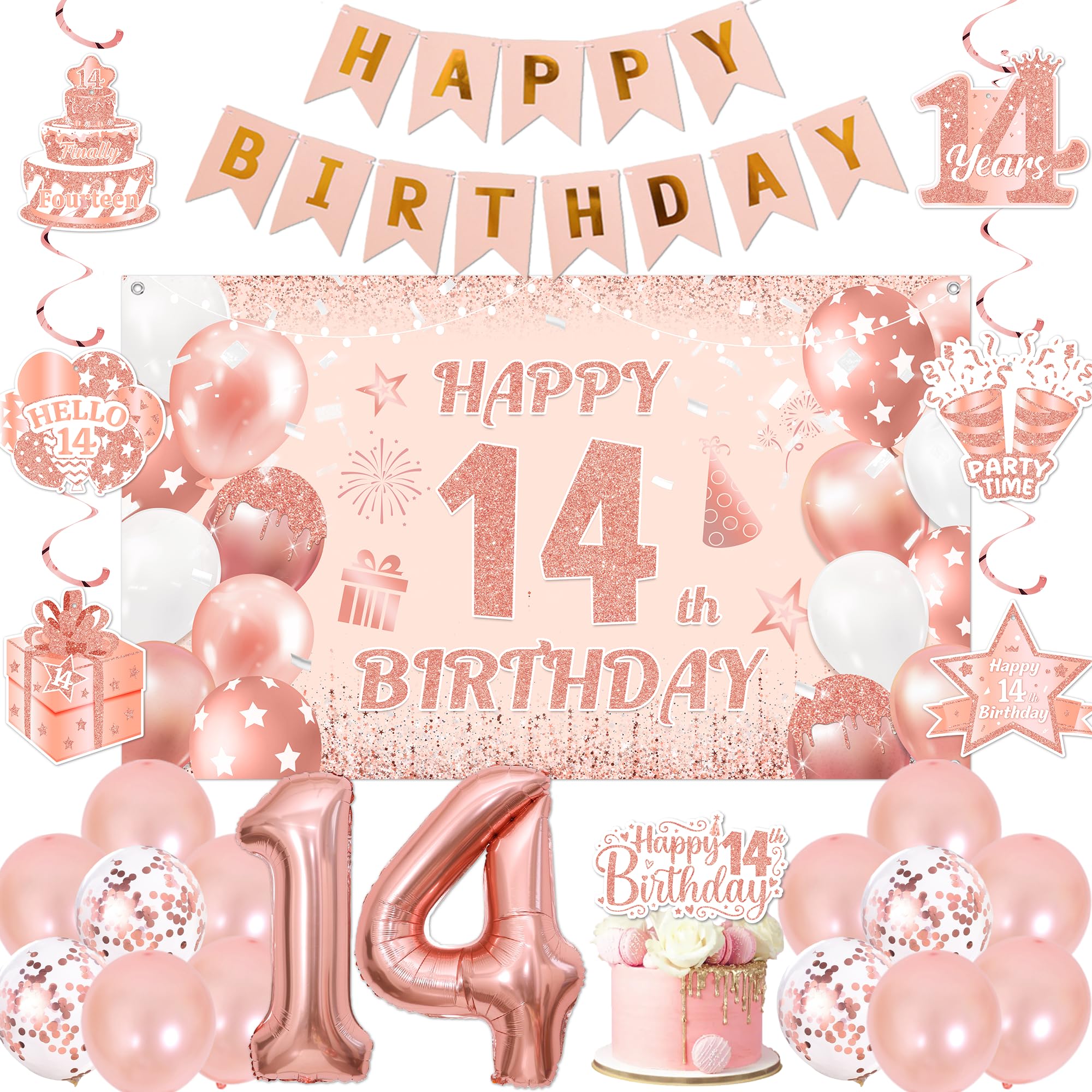 Happy 14th Birthday Decorations for Girls - Rose Gold Backdrop Set Include Banners Number 14 Balloon, Hanging Swirls Cake Topper for 14 Years Old Girl Party Decoration