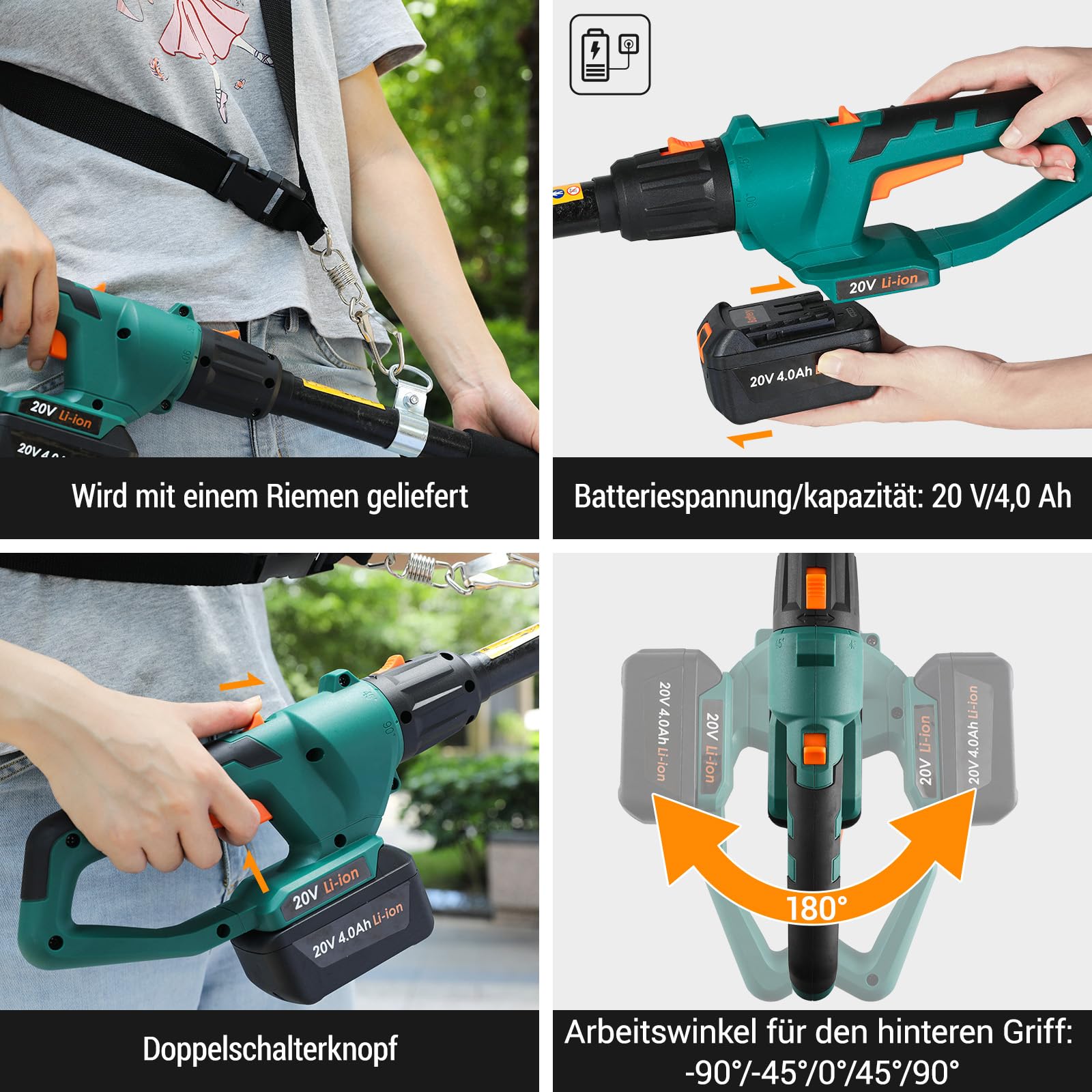 Élagueur sur Perche sans Fil, Perches Élagueuses, Batterie Li-Ion 20 V 4,0Ah/Chargeur, Lame de 24 cm, Vitesse de Chaîne 5 m/s, avec Extension de 68cm & Bandoulière, Tête Inclinable à 30°, Portée 3 m