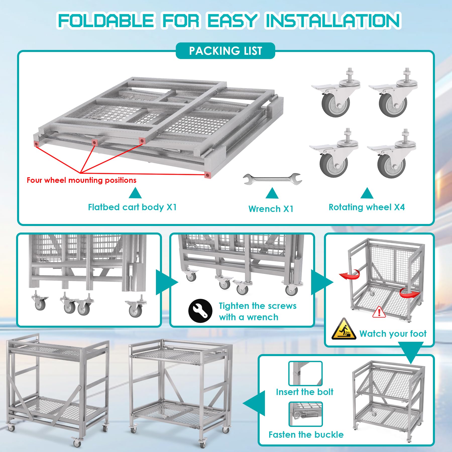 Carrito rodante de 2 estantes con ruedas, capacidad de 660 libras, carrito utilitario plegable de acero, carrito de mano plegable de alta resistencia, carrito de almacenamiento de metal con asa para