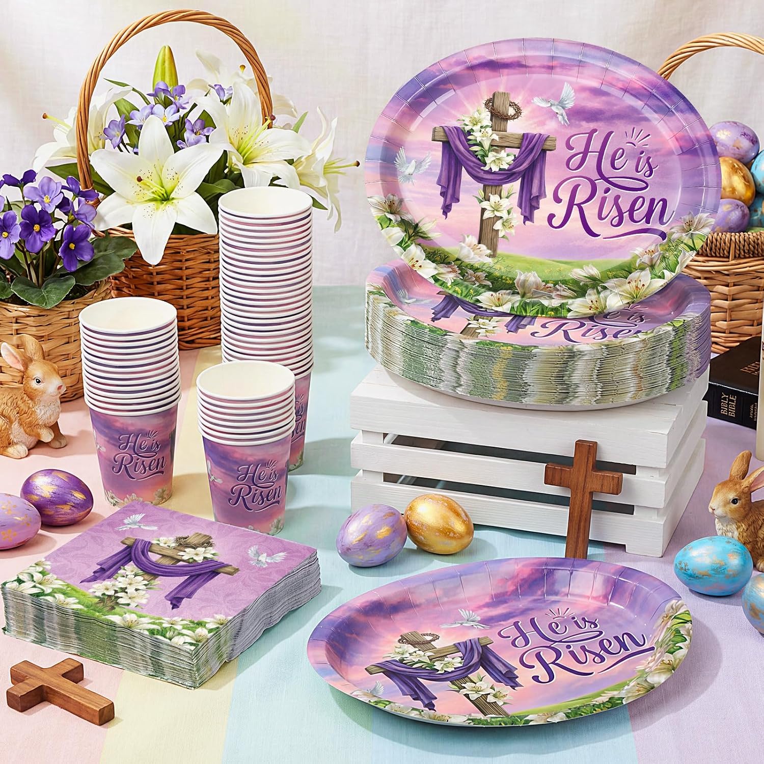 Vesici 150 Pcs Easter Cross Paper Plates and Napkins Set-serves 50, 10'' x 12'' Large Bunny Flower Tableware Disposable Purple Cross Paper Plates Cups Napkins for Spring Easter Birthday Party Supplies